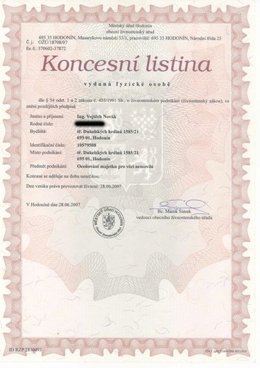 Koncesní listina - odhady cen nemovitostí (normální)